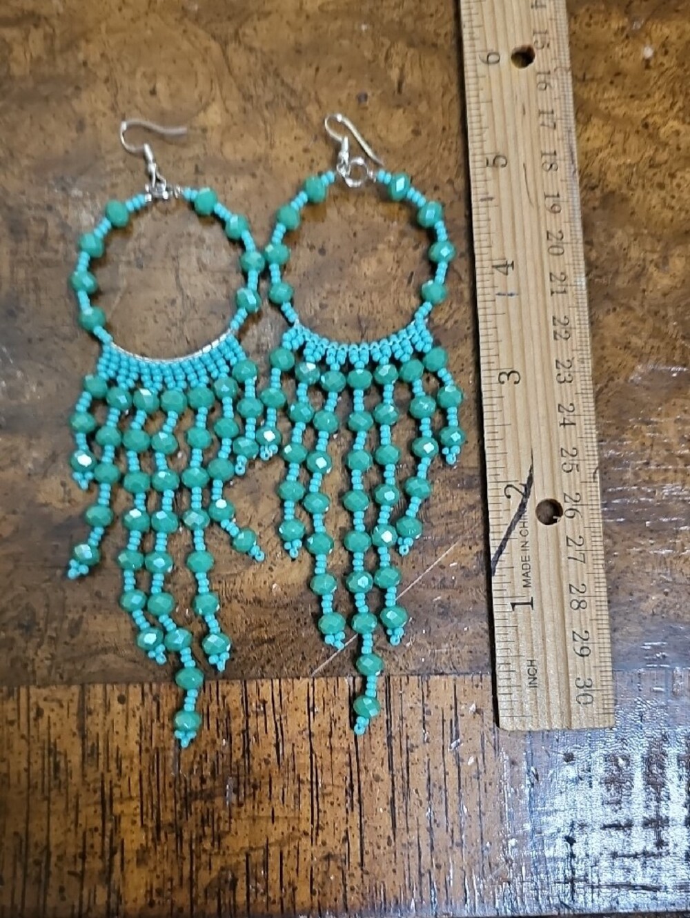 Turquoise Beaded Fringe Hoop Earrings - Women Jewelry - Picture 7 of 7